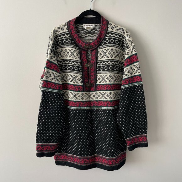 Vintage CLIMAX By Sacha Fair Isle Sweater Black Red Medium - Picture 2 of 8